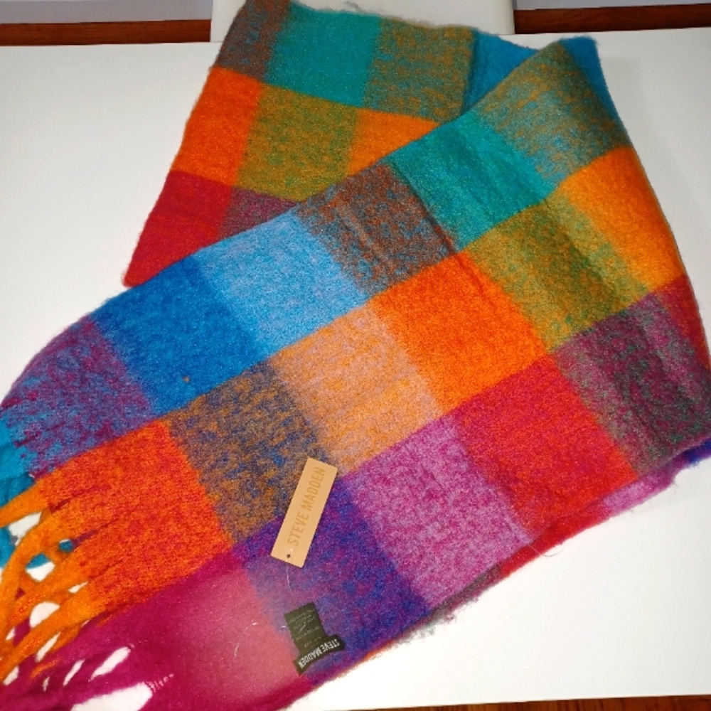 Steve Madden Super Soft oversized Plaid Blanket Scarf rainbow colorful New